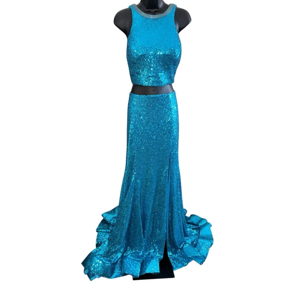 Morilee Prom Dress 12 Teal Sequin Mermaid Two Piece Formal Pageant Gown - Picture 2 of 12